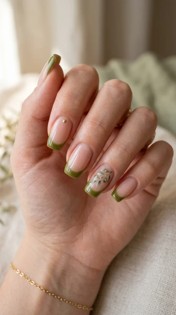 Summer French Tip Nail Designs 2026: 35 Classy, Colorful & Trendy Ideas 13 Squoval nails with olive green French tips and a delicate olive branch accent