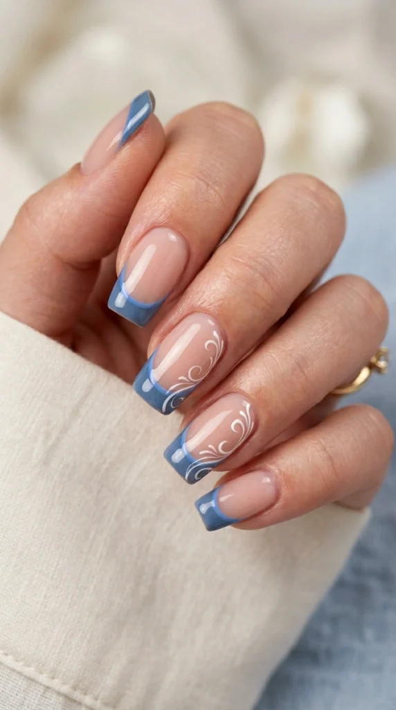 Summer French Tip Nail Designs 2026: 35 Classy, Colorful & Trendy Ideas 17 Squoval nails with washed denim blue French tips and white swirl accents
