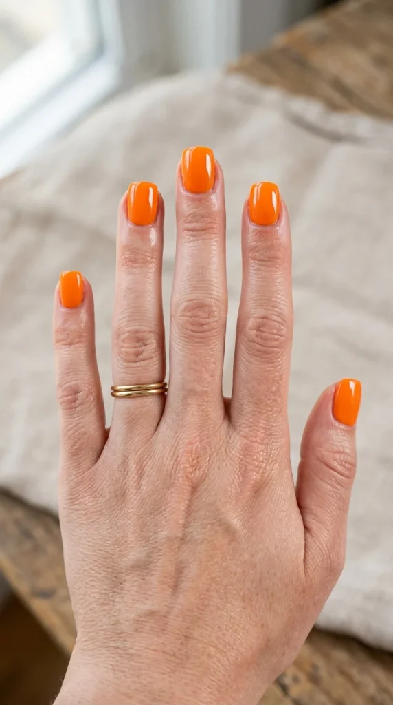 Short squoval nails painted in glossy clementine orange polish in a top-down manicure photograph.