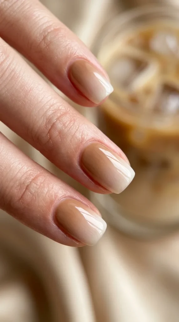 Macro close-up of glossy coffee creamer ombré nails with creamy nude and milky white gradient.