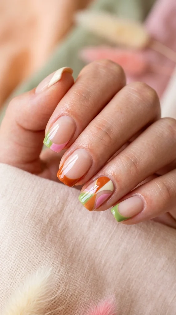 Summer French Tip Nail Designs 2026: 35 Classy, Colorful & Trendy Ideas 29 Short squoval nails with multicolored retro French tips and mod-inspired accents