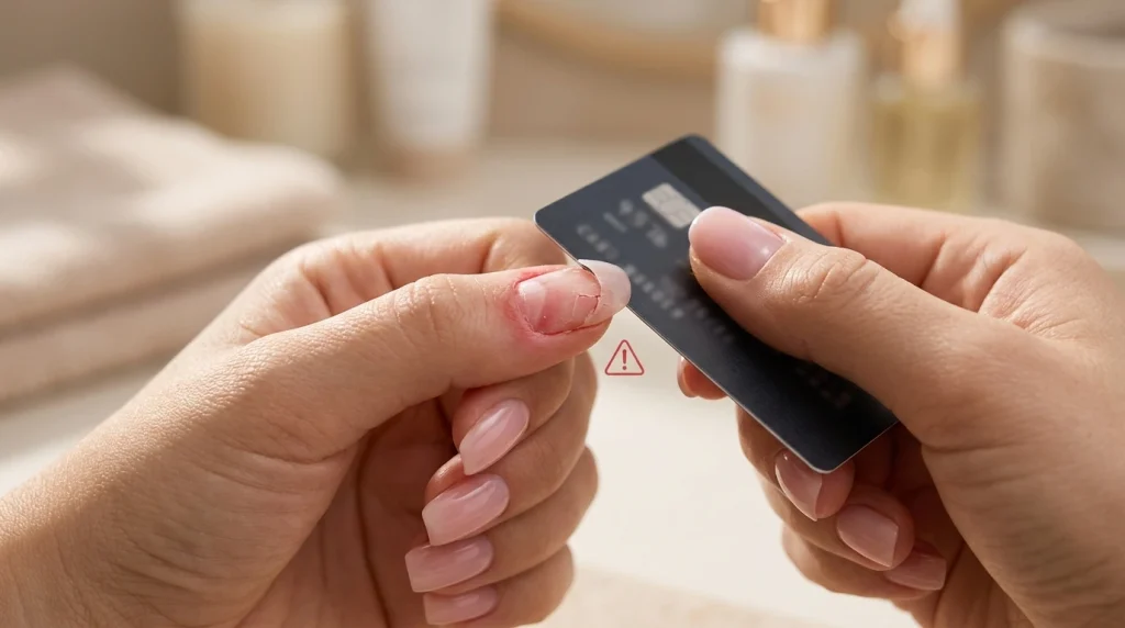 How to Remove Acrylic Nails Without Acetone (Safely at Home) 10 Warning image showing credit card method damaging acrylic nail removal at home