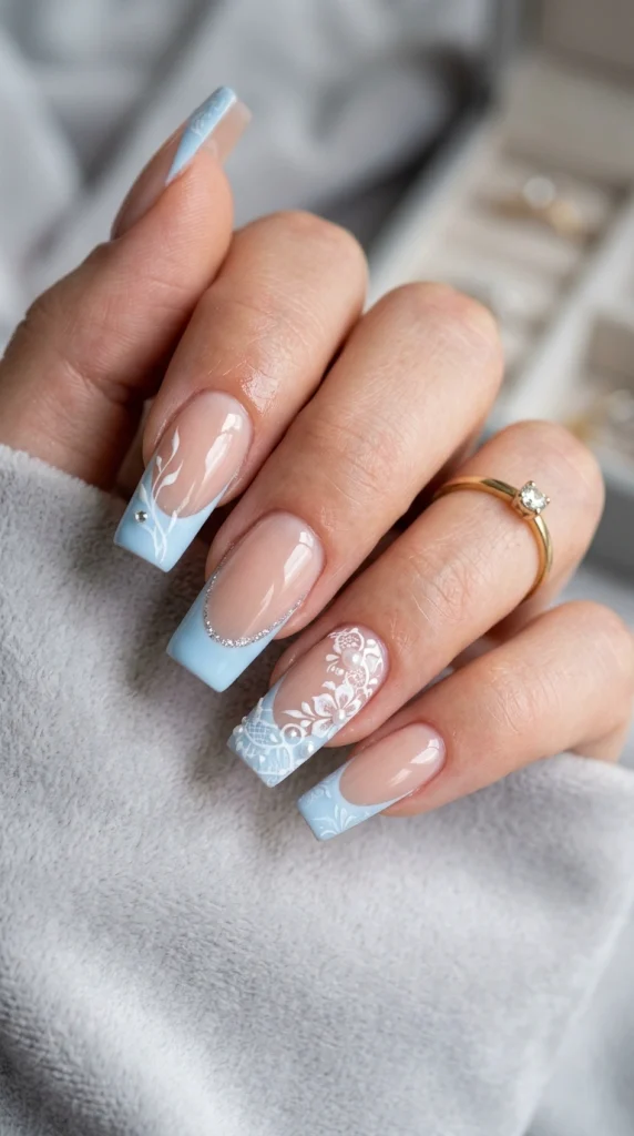 Summer French Tip Nail Designs 2026: 35 Classy, Colorful & Trendy Ideas 10 Squoval nails with soft baby blue French tips and glossy nude base with design