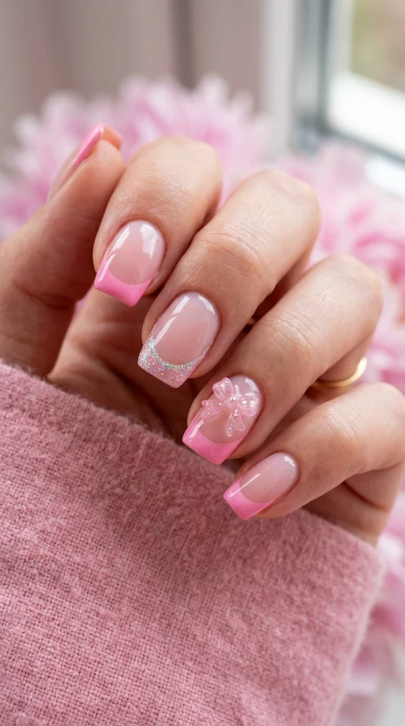 Summer French Tip Nail Designs 2026: 35 Classy, Colorful & Trendy Ideas 19 Short squoval nails with candy pink French tips and holographic sugar-glitter accents