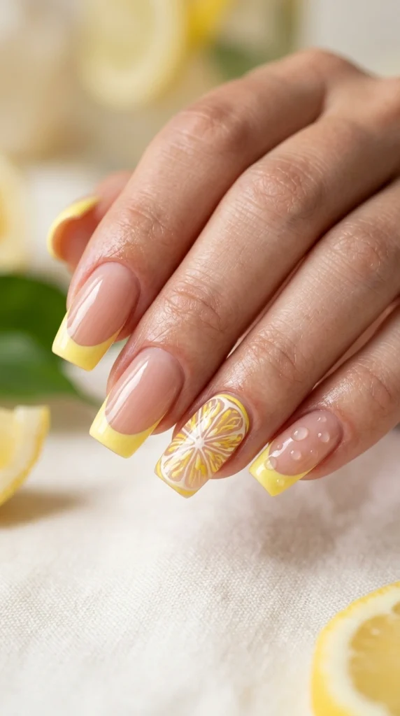 Summer French Tip Nail Designs 2026: 35 Classy, Colorful & Trendy Ideas 18 Squoval nails with lemon yellow French tips and citrus-inspired detailing
