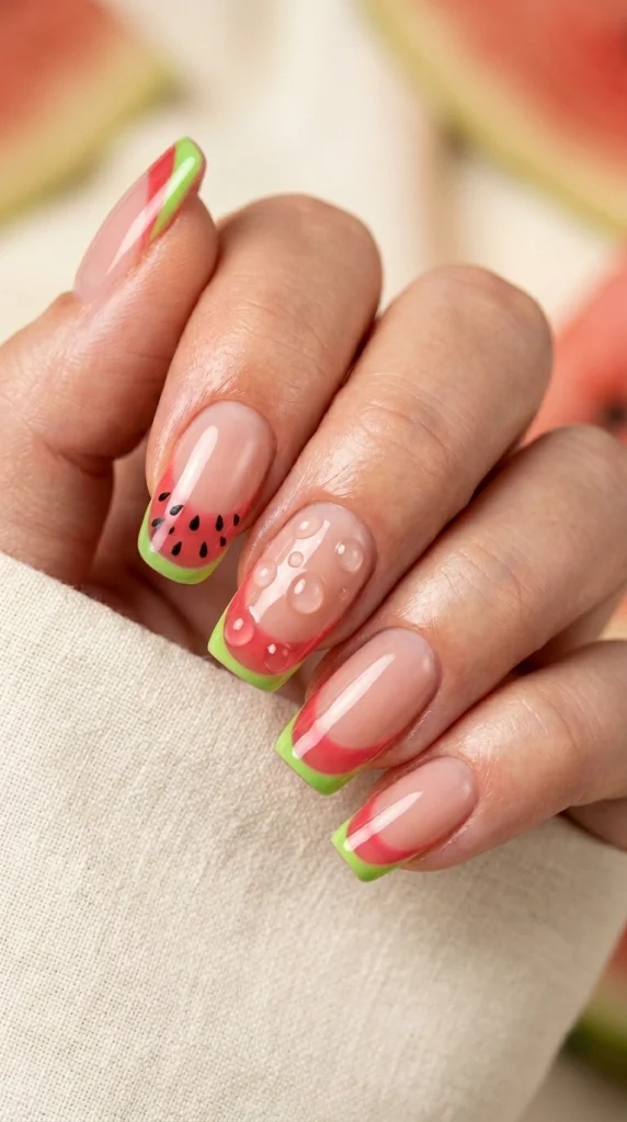 Summer French Tip Nail Designs 2026: 35 Classy, Colorful & Trendy Ideas 23 Squoval nails with jelly pink and green watermelon French tips and glossy droplet accents