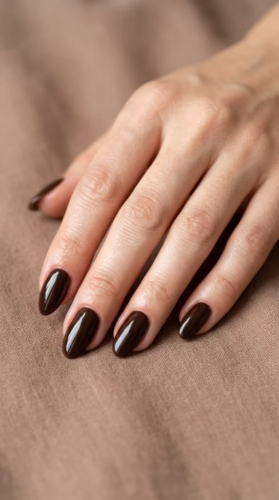 Summer Nail Colors 2026: 25 Trending Shades to Wear This Season 27 Glossy espresso brown almond nails with a rich finish, a moody luxe summer nail color trend for 2026.