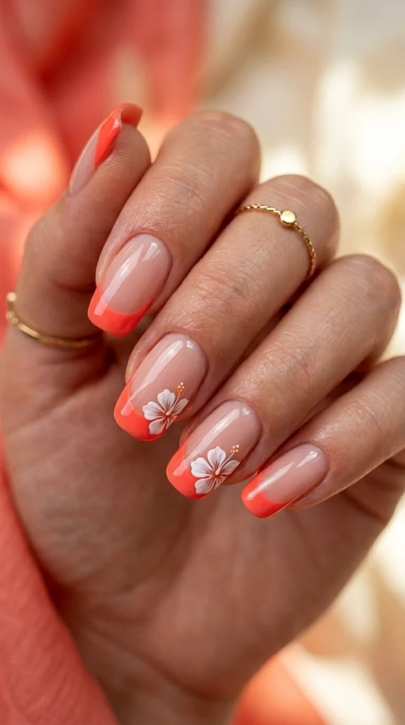 Summer French Tip Nail Designs 2026: 35 Classy, Colorful & Trendy Ideas 11 Squoval nails with bright coral French tips and tiny white hibiscus accents