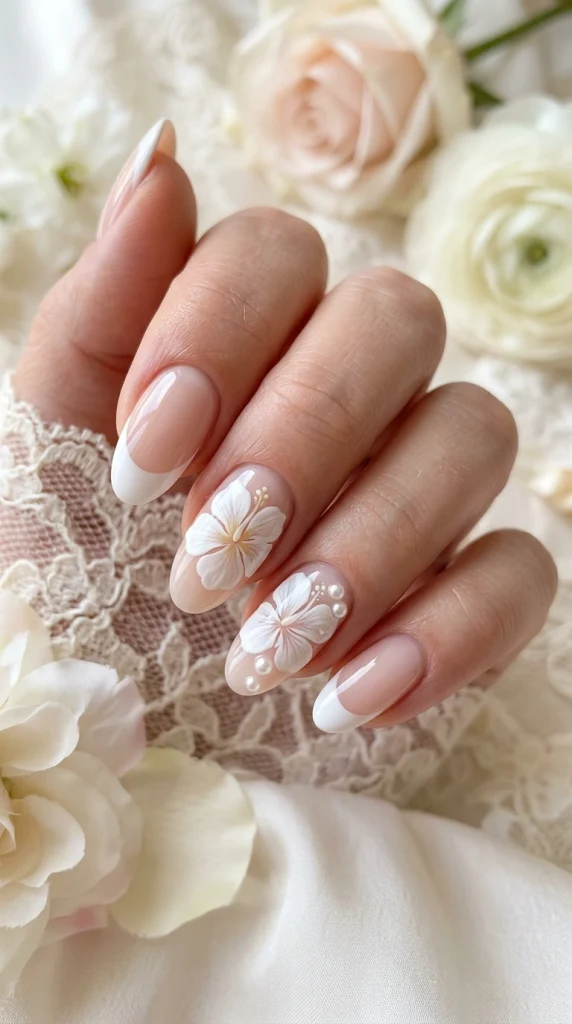 Summer French Tip Nail Designs 2026: 35 Classy, Colorful & Trendy Ideas 34 Oval nails with milky white French tips and delicate white hibiscus floral accents