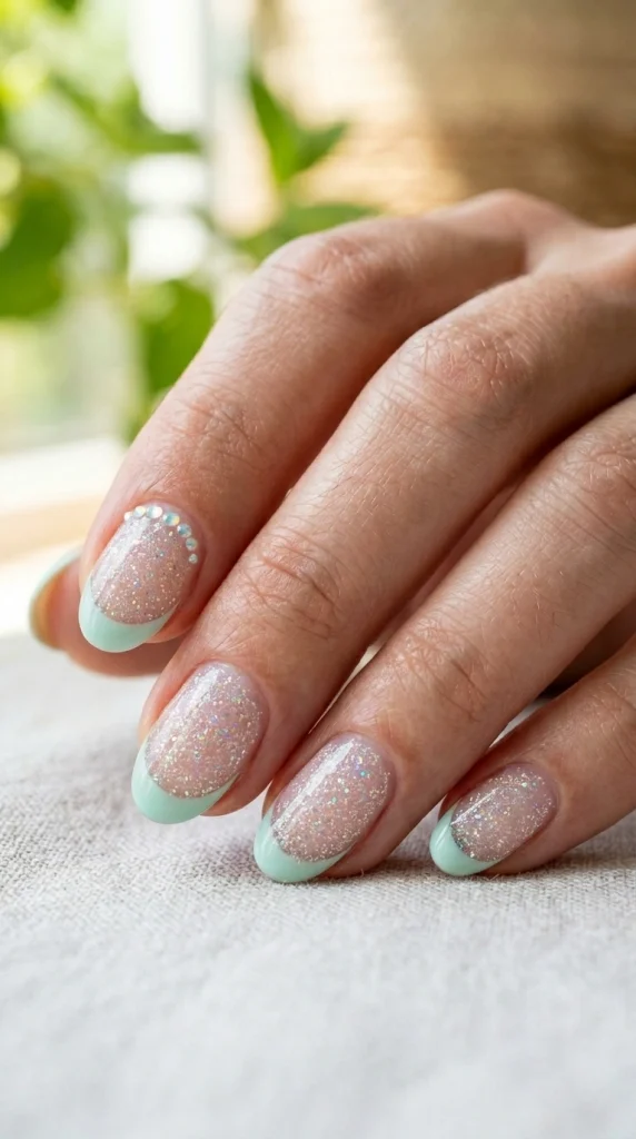 Summer French Tip Nail Designs 2026: 35 Classy, Colorful & Trendy Ideas 16 Short oval nails with mint green French tips and pearlescent accents with glitter