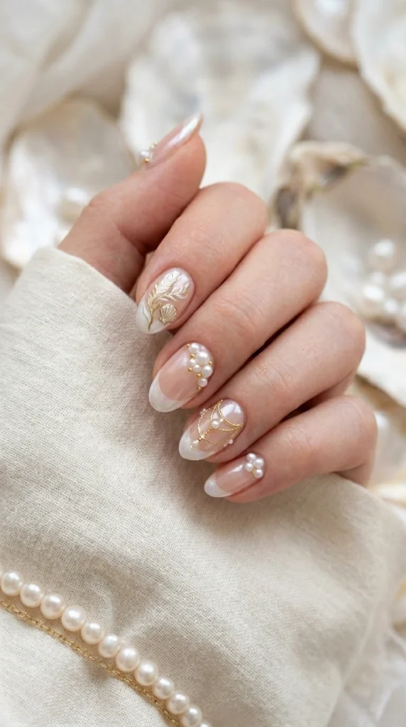 Summer French Tip Nail Designs 2026: 35 Classy, Colorful & Trendy Ideas 6 Oval nails with iridescent pearl glazed French tips on a glossy nude base and design