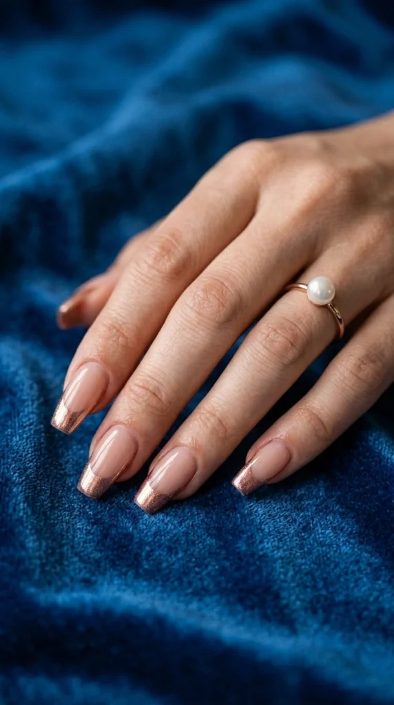 Summer French Tip Nail Designs 2026: 35 Classy, Colorful & Trendy Ideas 5 Coffin nails with shimmering rose gold French tips on a glossy nude base