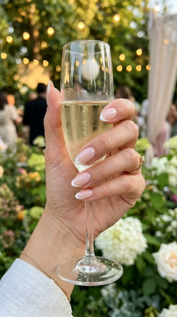 Short almond nails with delicate white micro French tips photographed in an elegant summer event setting.
