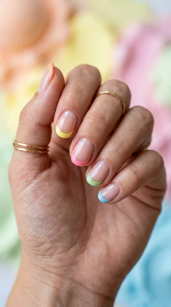Short rounded nails with colorful rainbow French tips inspired by pastel summer gelato shades.