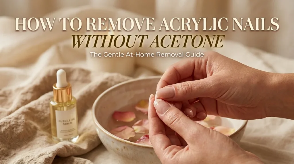 Luxury editorial image of gentle acrylic nail removal without acetone at home