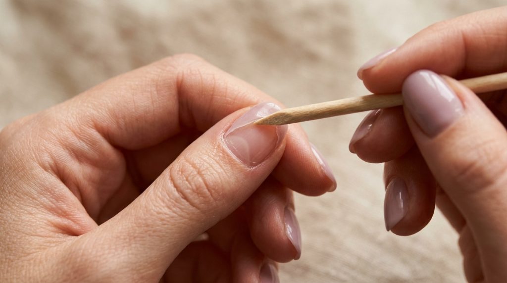 softened acrylic nail being gently lifted with orangewood stick after soaking