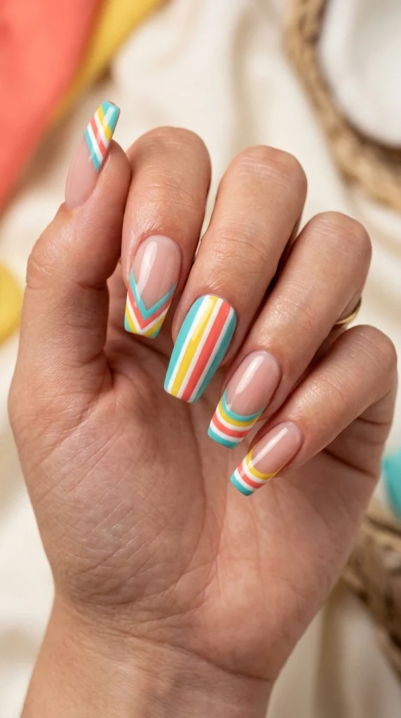 Summer French Tip Nail Designs 2026: 35 Classy, Colorful & Trendy Ideas 31 Coffin nails with colorful stripe French tips and bold geometric accents
