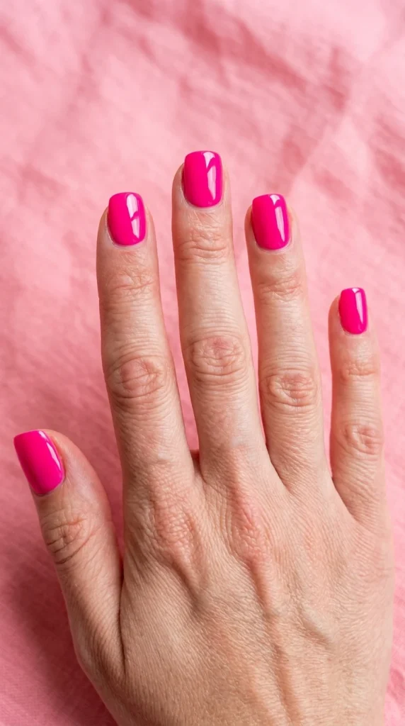Short squoval nails painted in glossy hot pink polish against a matching pink summer background.