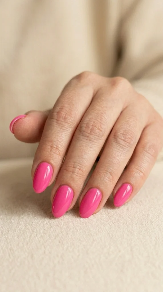 Summer Nail Colors 2026: 25 Trending Shades to Wear This Season 6 Bright hot pink almond nails with a glossy finish, a bold summer nail color trend for 2026.