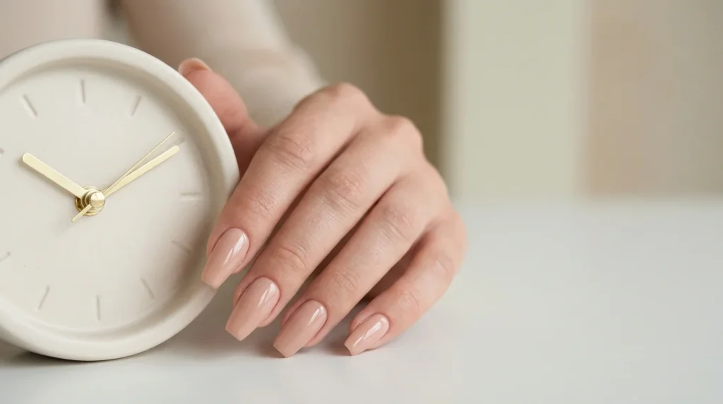 acrylic nails with clock showing time duration for full set application