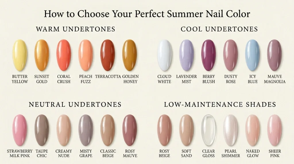 Summer Nail Colors 2026: 25 Trending Shades to Wear This Season 28 Infographic showing how to choose the best summer nail colors based on undertone, skin tone, and occasion.