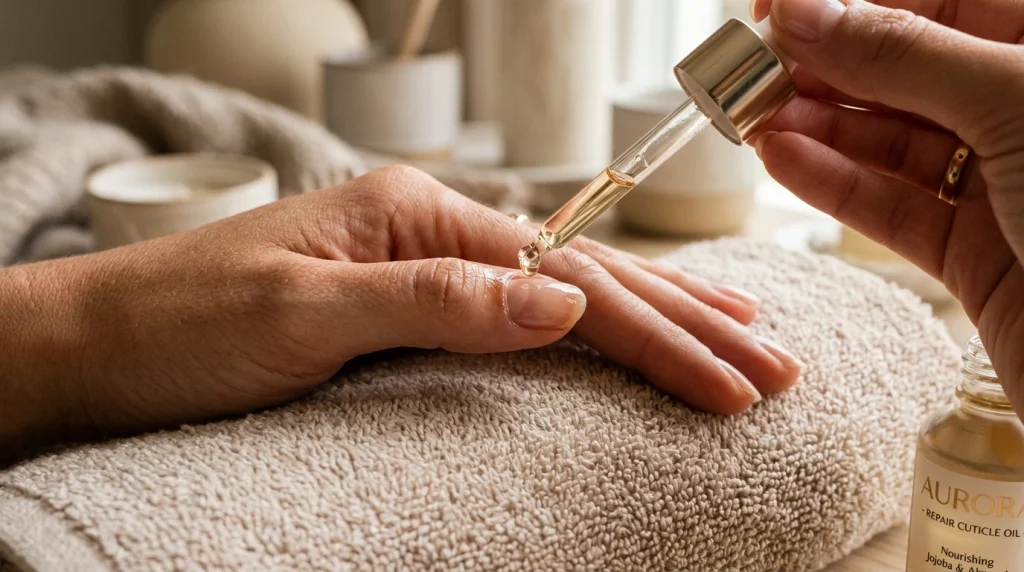 How to Remove Acrylic Nails Without Acetone (Safely at Home) 7 Healthy natural nails being moisturized with cuticle oil after acrylic nail removal