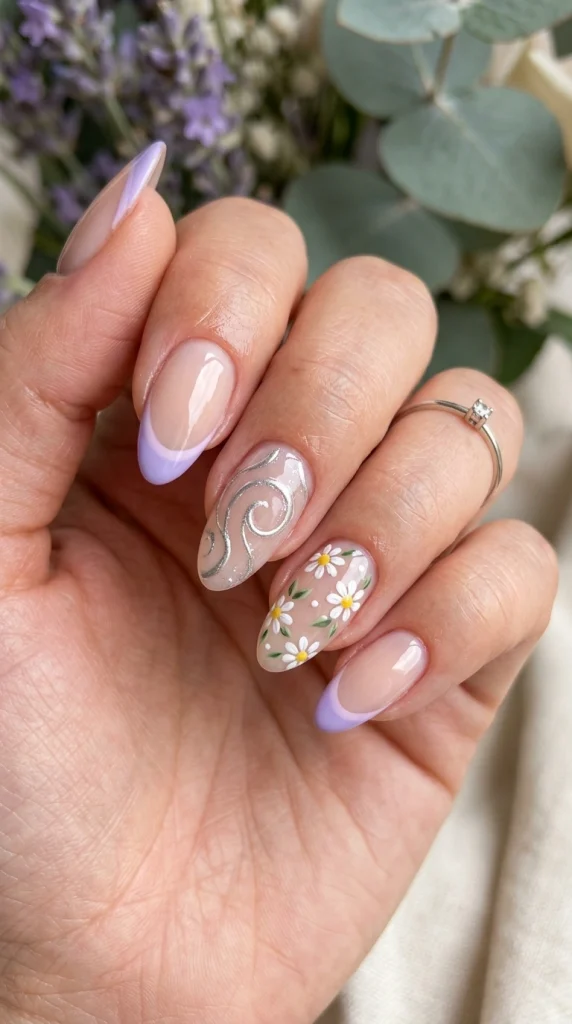Summer French Tip Nail Designs 2026: 35 Classy, Colorful & Trendy Ideas 15 Almond nails with pastel lavender French tips and daisy accents