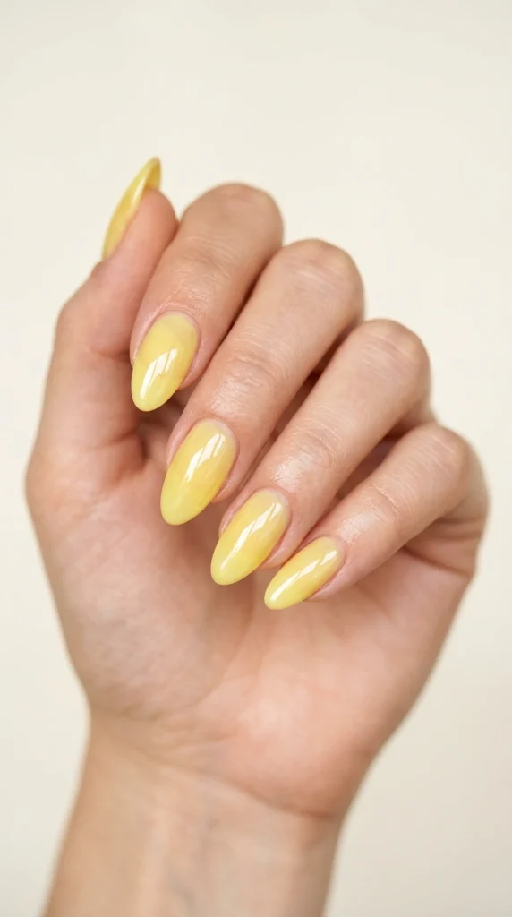 Summer Nail Colors 2026: 25 Trending Shades to Wear This Season 11 Pale lemon yellow almond nails with a glossy finish, a soft pastel summer nail color trend for 2026.
