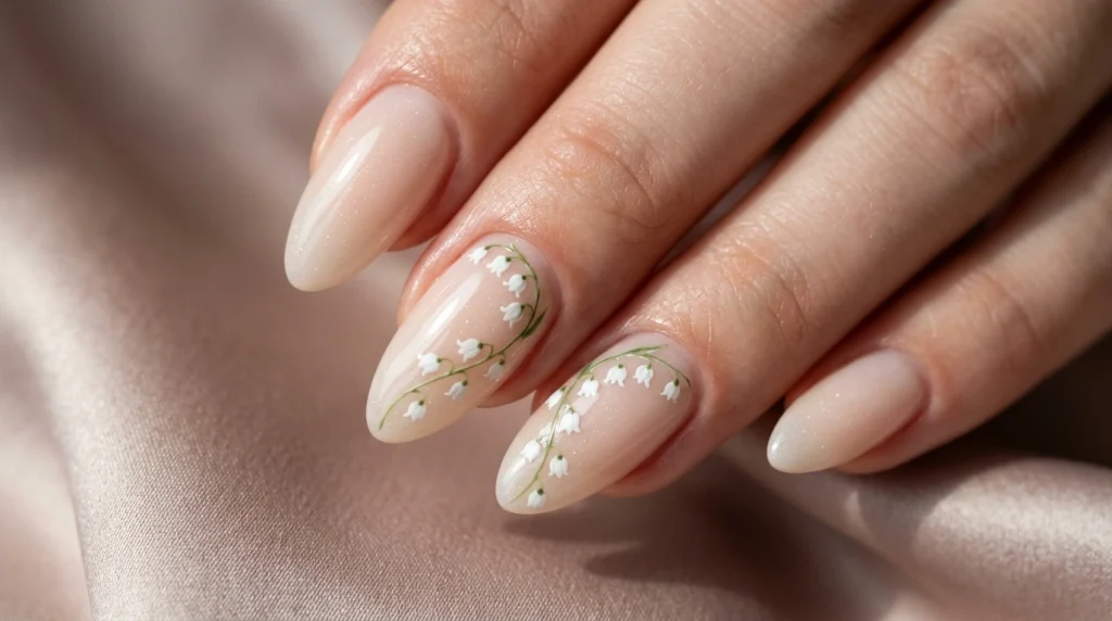 milky nude almond nails with a delicate lily of the valley floral trail featuring tiny white flowers and thin green stems in a glossy finish.