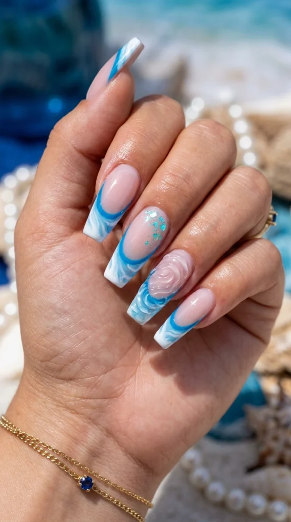 Summer French Tip Nail Designs 2026: 35 Classy, Colorful & Trendy Ideas 25 Coffin nails with blue and white ocean French tips and glass water ripple accents