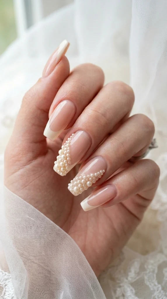 Summer French Tip Nail Designs 2026: 35 Classy, Colorful & Trendy Ideas 36 Coffin nails with ivory French tips and cascading pearl embellishments