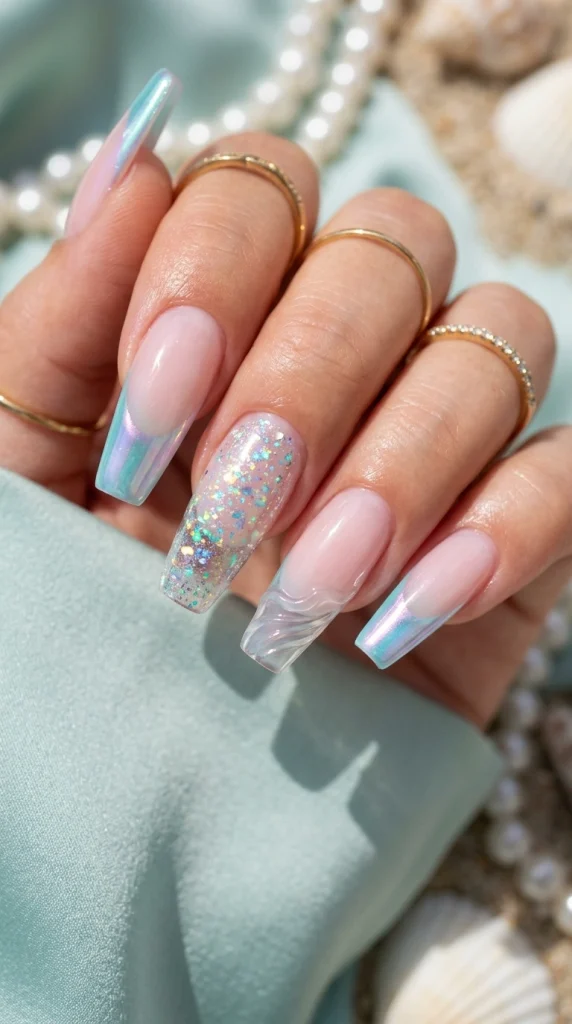 Summer French Tip Nail Designs 2026: 35 Classy, Colorful & Trendy Ideas 26 Coffin nails with aurora chrome mermaid French tips and holographic accents