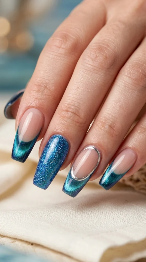 Summer French Tip Nail Designs 2026: 35 Classy, Colorful & Trendy Ideas 22 Coffin nails with turquoise and navy cat-eye French tips and silver tide-line detailing