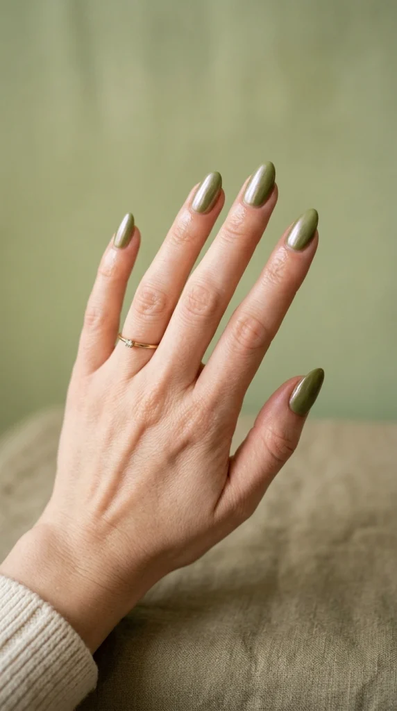 Summer Nail Colors 2026: 25 Trending Shades to Wear This Season 8 Muted matcha green almond nails with a glossy finish, a chic earthy summer nail color trend for 2026.
