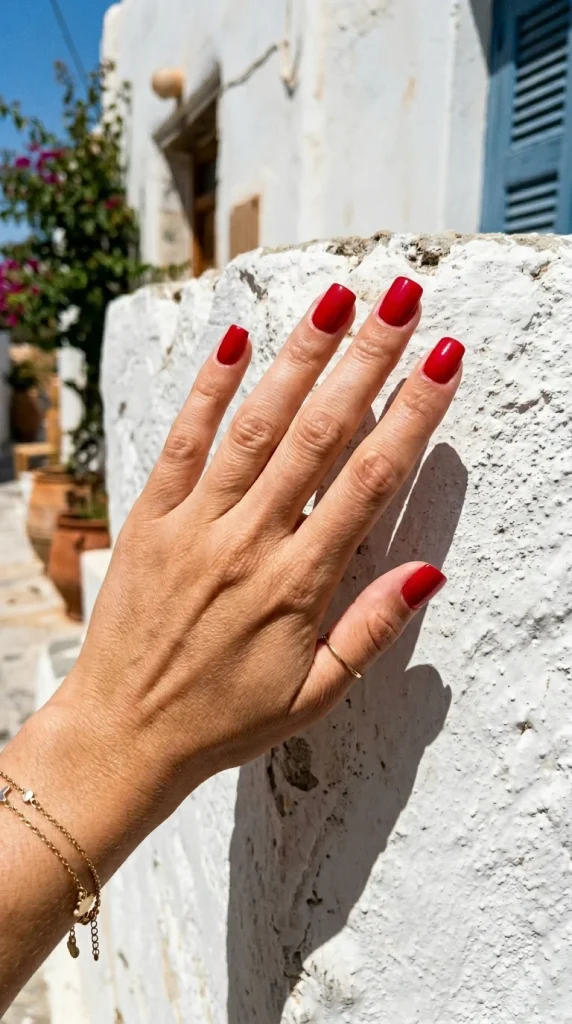 Short squoval cherry red nails photographed against a sunlit white Mediterranean wall.