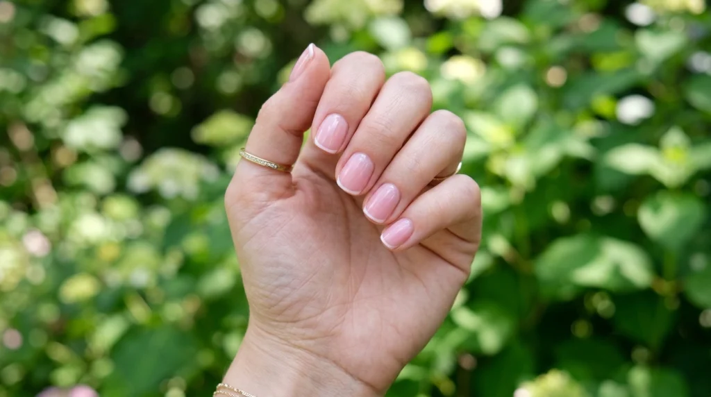 Short glossy nails with micro French tips photographed in soft outdoor natural light