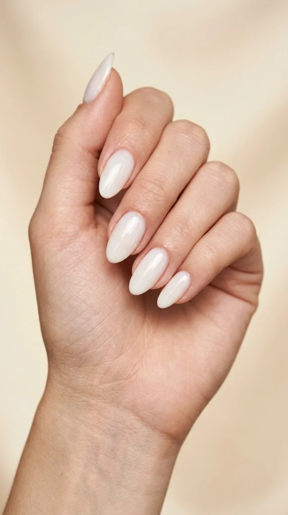 Summer Nail Colors 2026: 25 Trending Shades to Wear This Season 12 Semi-sheer milky white almond nails with a glossy finish, a classy low-maintenance summer nail color trend for 2026.