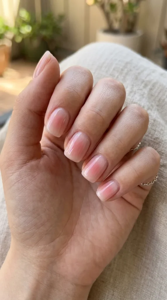 Short squoval milky pink blush nails with soft rosy center glow and glossy jelly finish.