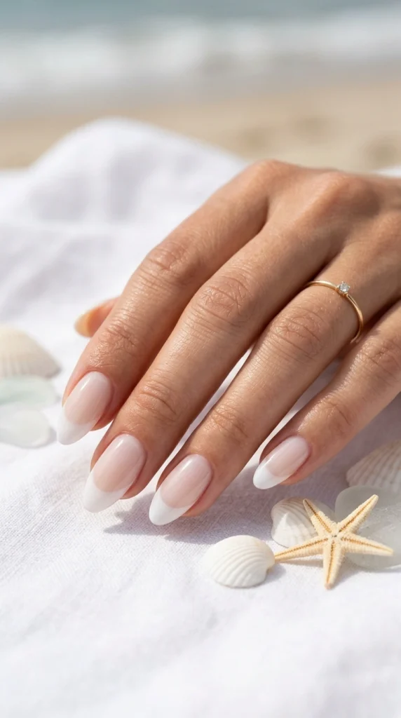 Summer French Tip Nail Designs 2026: 35 Classy, Colorful & Trendy Ideas 8 Almond nails with semi-sheer milky white French tips and a glossy nude base styled with seashells