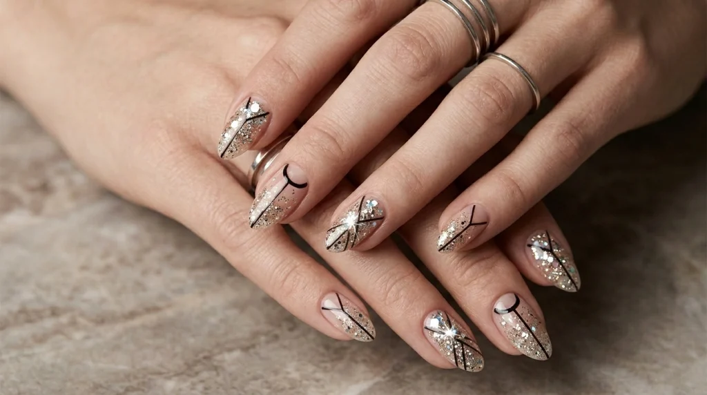 nude almond nails with negative space geometric line art, featuring ultra-thin lines and clean glossy finish in a modern minimalist style.