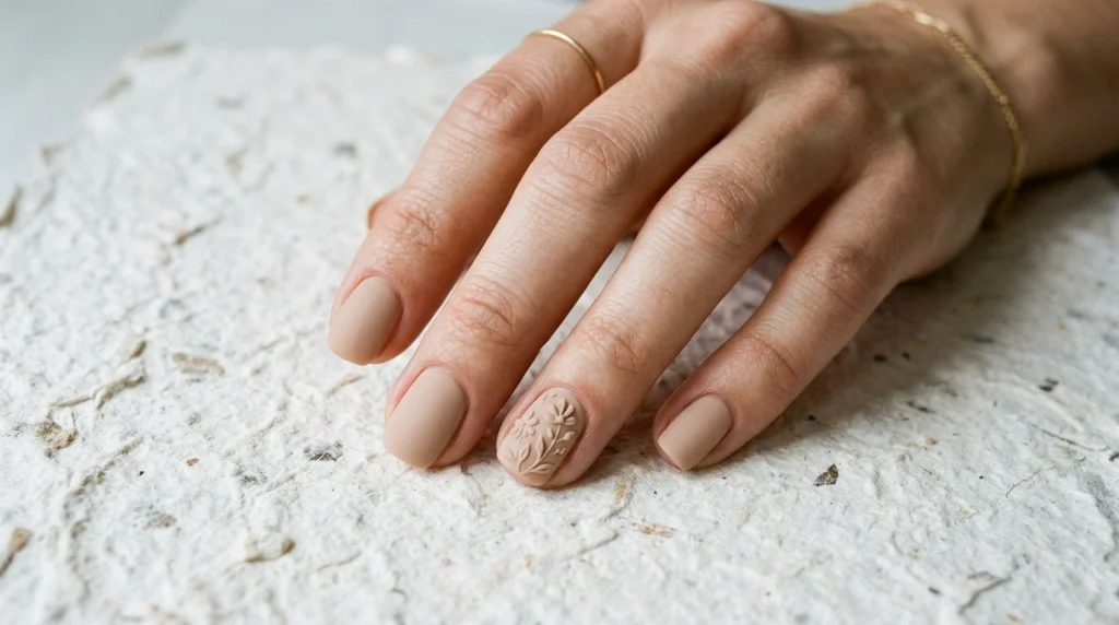 Tone-on-tone floral accent nail in a monochrome beige minimalist design for mothers day
