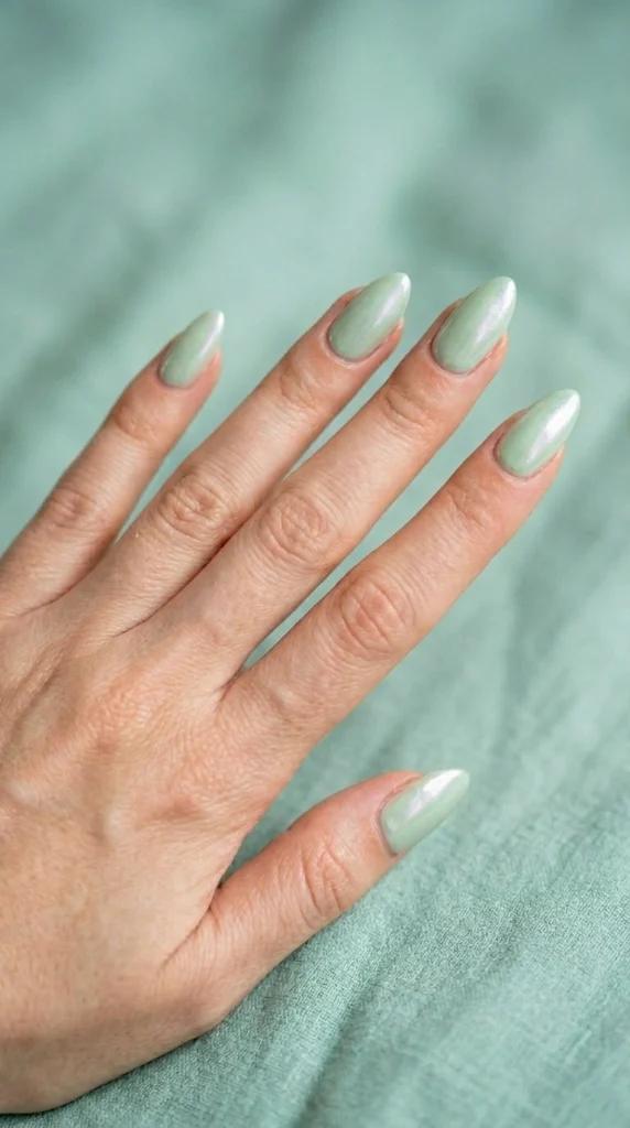 Summer Nail Colors 2026: 25 Trending Shades to Wear This Season 20 Soft mint green almond nails with a glossy finish, a fresh pastel summer nail color trend for 2026.