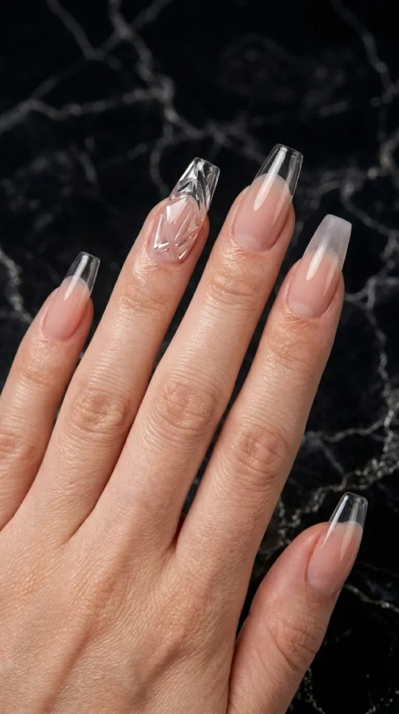Summer French Tip Nail Designs 2026: 35 Classy, Colorful & Trendy Ideas 33 Coffin nails with crystal-clear French tips and geometric transparent accents