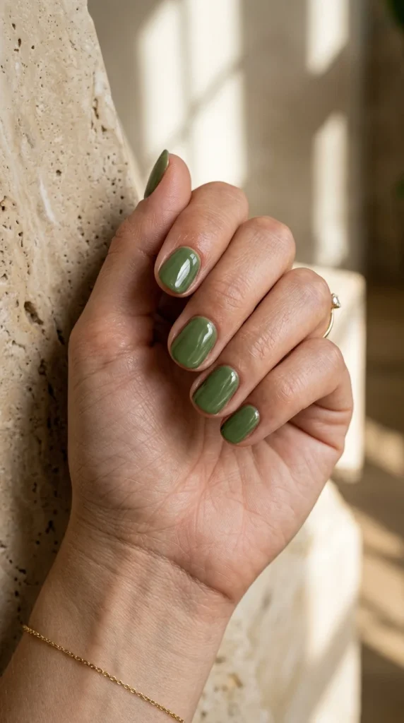 Short rounded nails painted in glossy matcha green polish against a warm stone summer backdrop.Select 78 more words to run Humanizer.