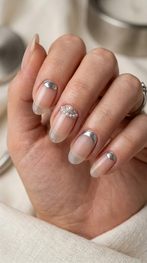 Summer French Tip Nail Designs 2026: 35 Classy, Colorful & Trendy Ideas 32 Oval nails with silver chrome reverse French cuticle crescents