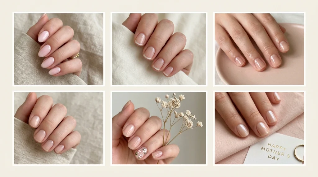 simple Mother’s Day nails 2026 featuring milky pink glossy nails, micro-French tips, soap nails, BIAB natural nails, and soft floral accent designs in a clean minimal