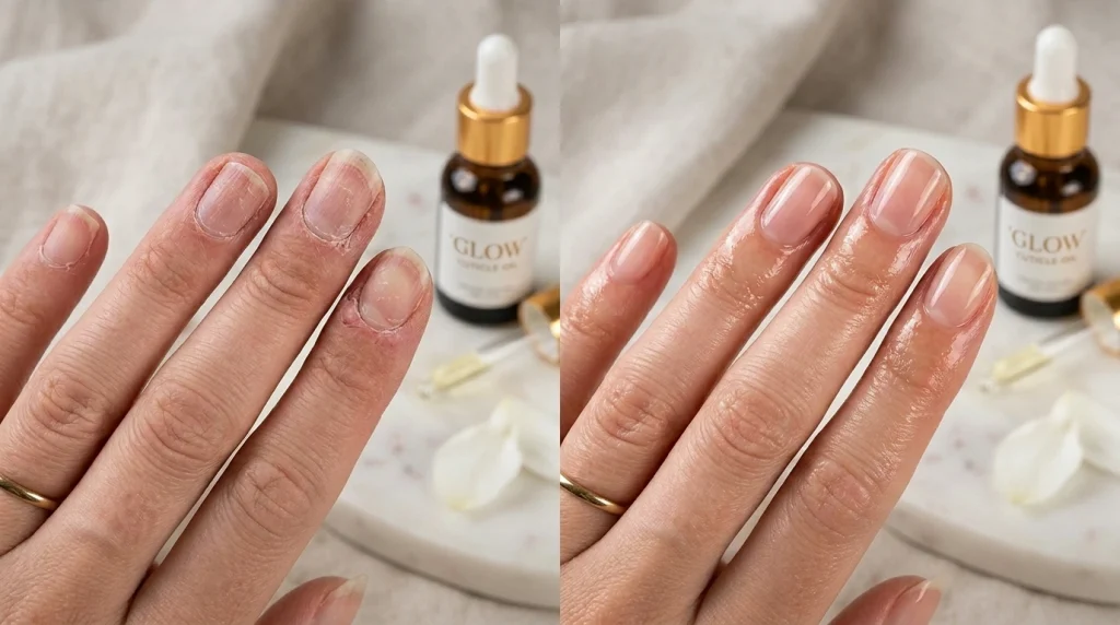 How to Remove Acrylic Nails Without Acetone (Safely at Home) 8 Before and after nail hydration image following gentle acrylic nail removal without acetone