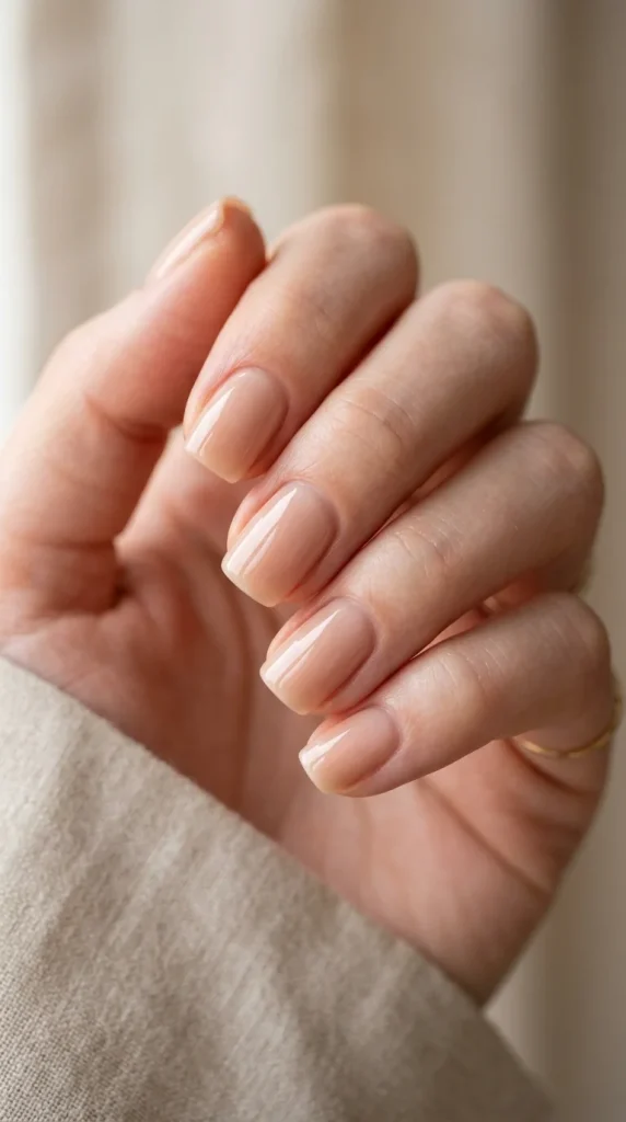 Macro close-up of short squoval nude gloss nails displayed in a palm-inward manicure pose.
