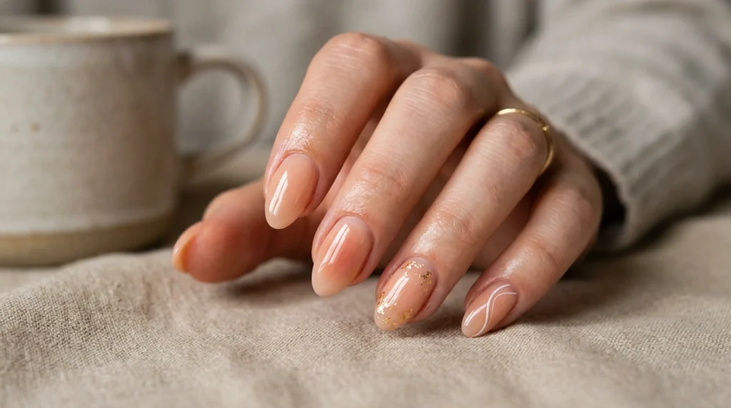 peachy nude almond nails featuring a soft aura glow, gold foil accents, and a delicate swirl design in warm golden lighting.