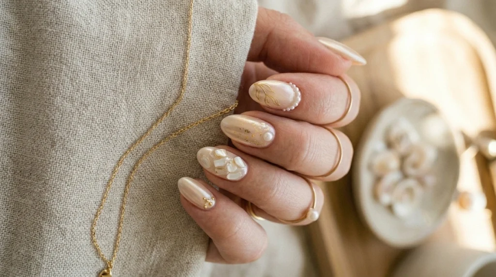 pearl chrome almond nails with a soft iridescent finish, featuring a subtle shell accent detail and natural glossy texture in an elegant minimal style.